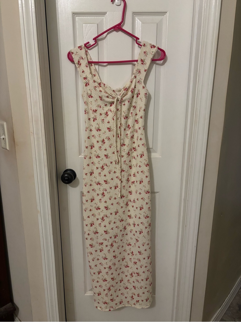 Cream Floral Maxi Dress with Tie-Front
